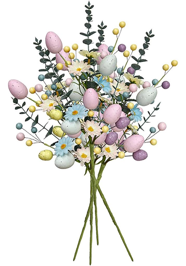 4 Artificial Easter Spray, 17.8 Inches, Imitation Easter Cake Eggs, Berry Branches with False Daisies, Spring Flower Stems