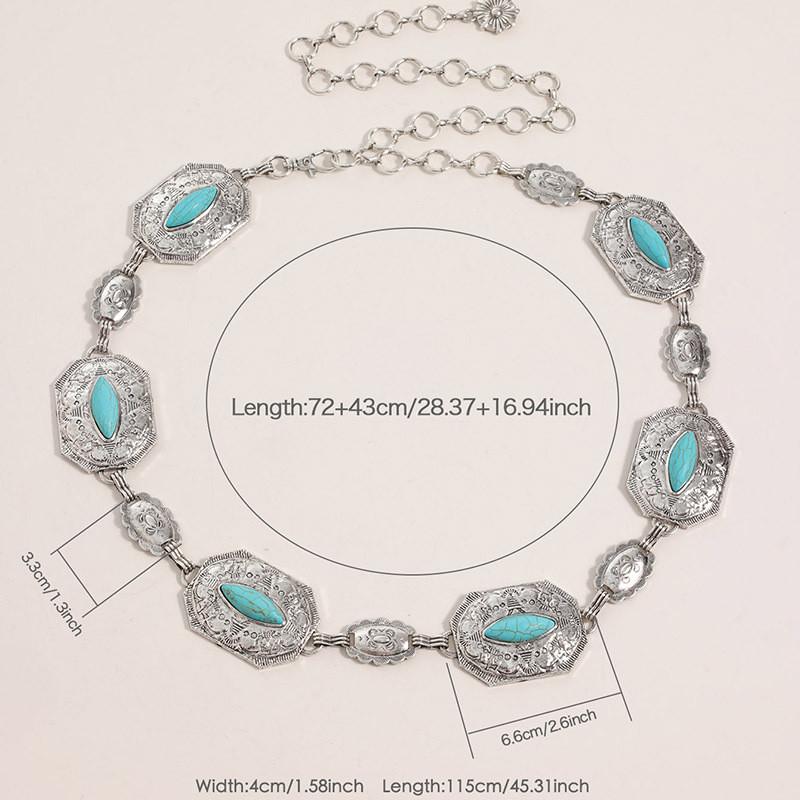 Womens Summer Spring Waist Belt With Turquoise Carved Accents And Closure Hook
