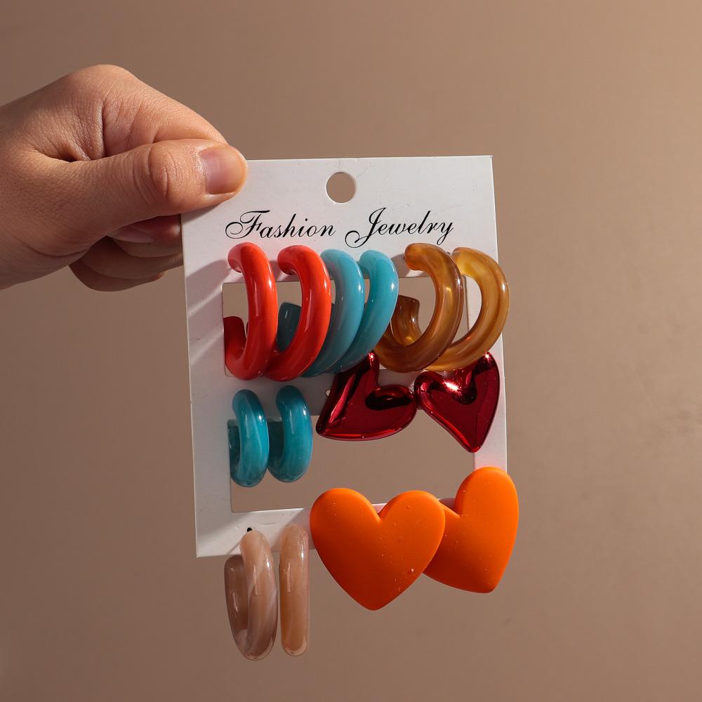 New Korean 7pair Colorful Circle Acrylic Hoop Earring for Women Vintage Geometric Heart Stud Earrings Statement Jewelry Set Gift
