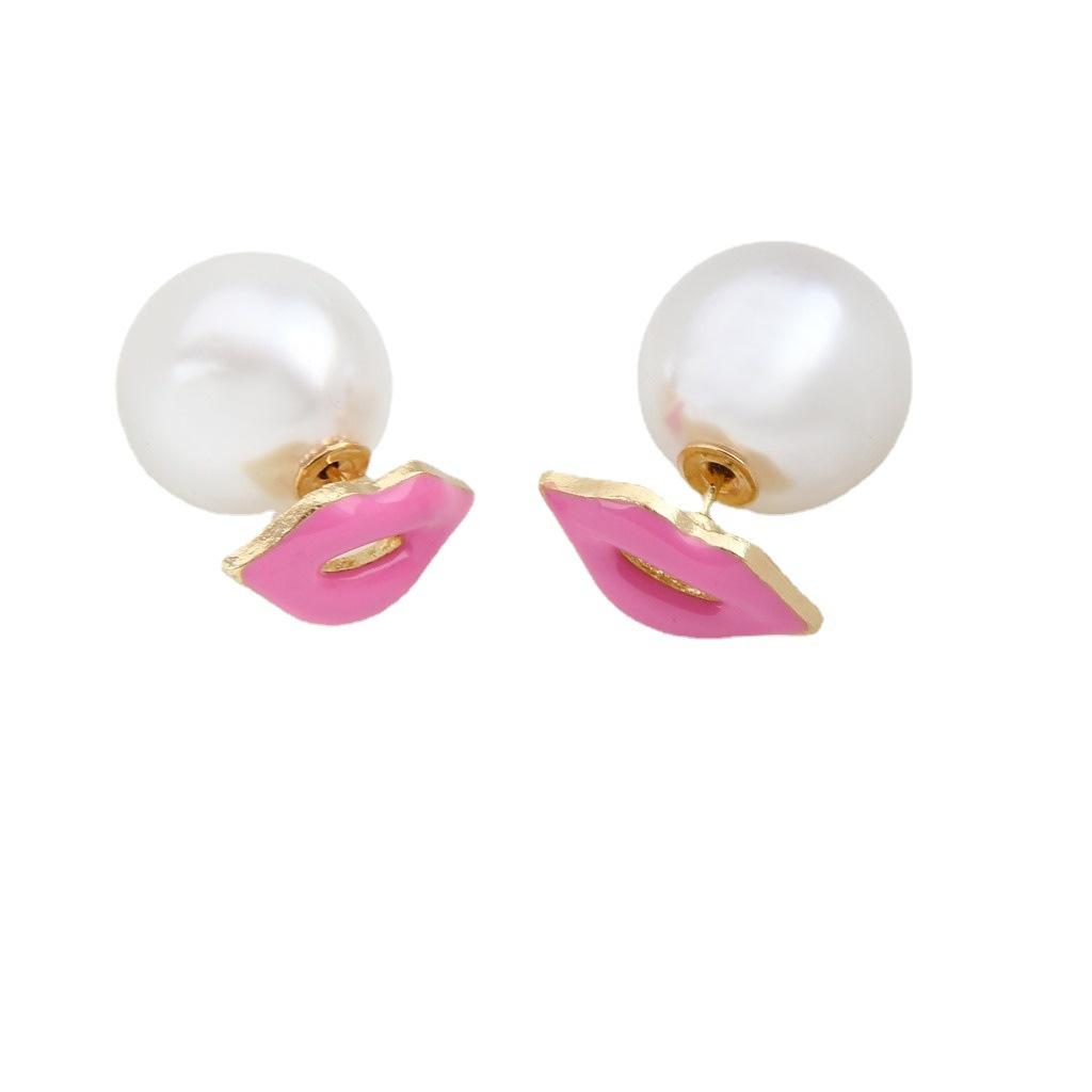 E903 Creative Stud Earrings, Double Sided Pearl Lips Pearl Red Lip Size Stud Earrings Jewelry