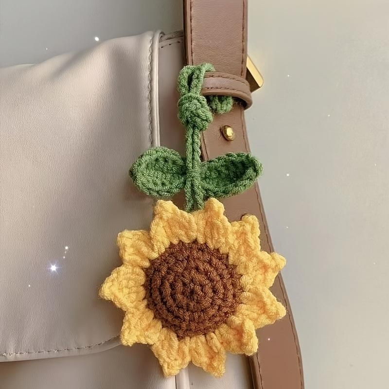 Handmade Crochet Sunflower Keychain With Green Leaf Charm For Backpack Decor Daily Use Gift For Sunflower Fans