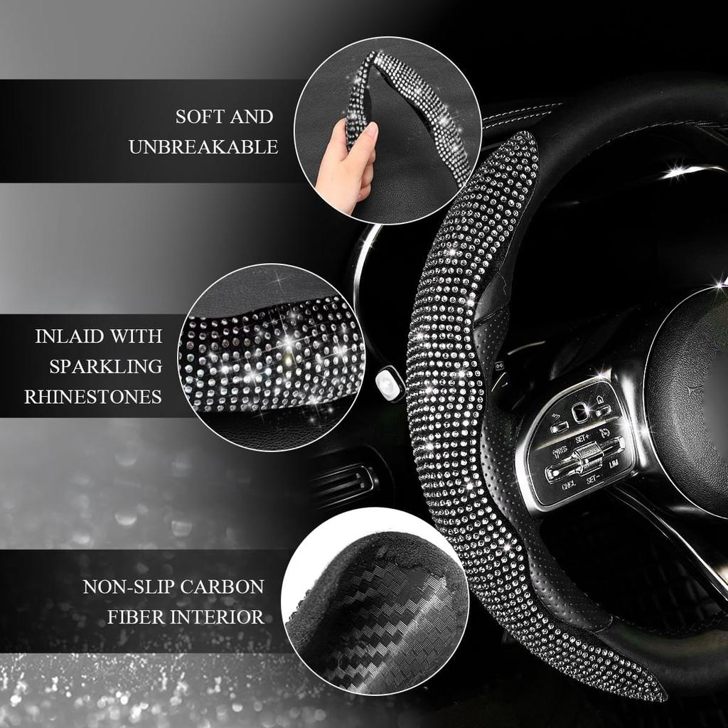 2PCS Steering Wheel Cover, Sparkling Rhinestone Segmented Steering Wheel Protector Fit 14-15.6 Inch, Non-Slip Wheel Wrap Cover Bling Car Interior