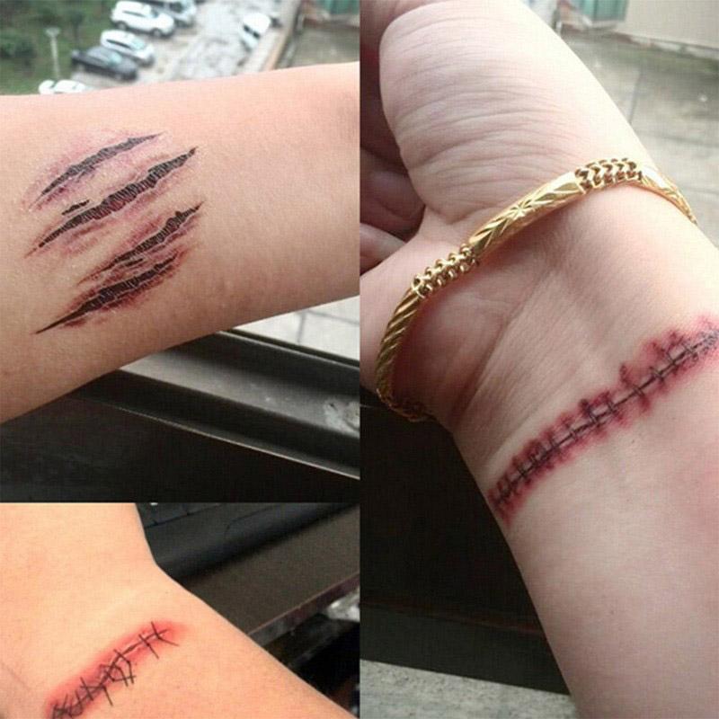 Halloween Tattoos Terror Wound Temporary Tattoos Waterproof Realistic Blood Tattoos Injury Scar Tattoo Stickers For Face Hands