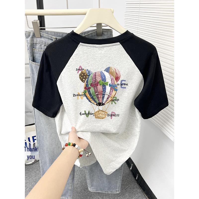 

Korean Style Cartoon Print Color-Block Raglan T-Shirt - Women s Summer Cotton Top S
