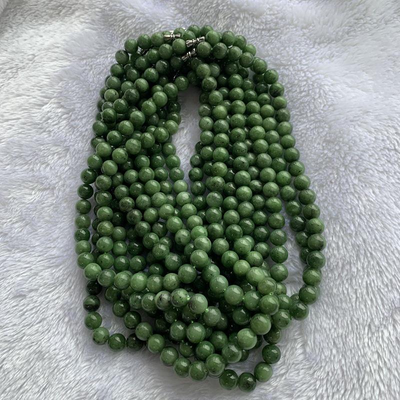 Natural Hetian Jade Jasper Necklace with Round Beads in Cabbage Green - 10mm