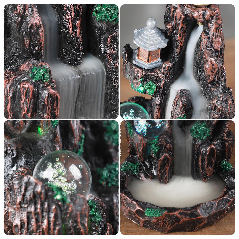 Unique Mountain Water Backflow Incense Burner Holder Home Resin Ornament Craft with LED Ball