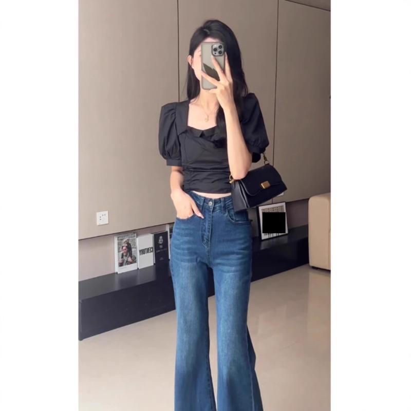 Autumn Winter High Waist Vintage Casual Fashion Flare Jeans Women Solid Color All-match Denim Pants Trousers