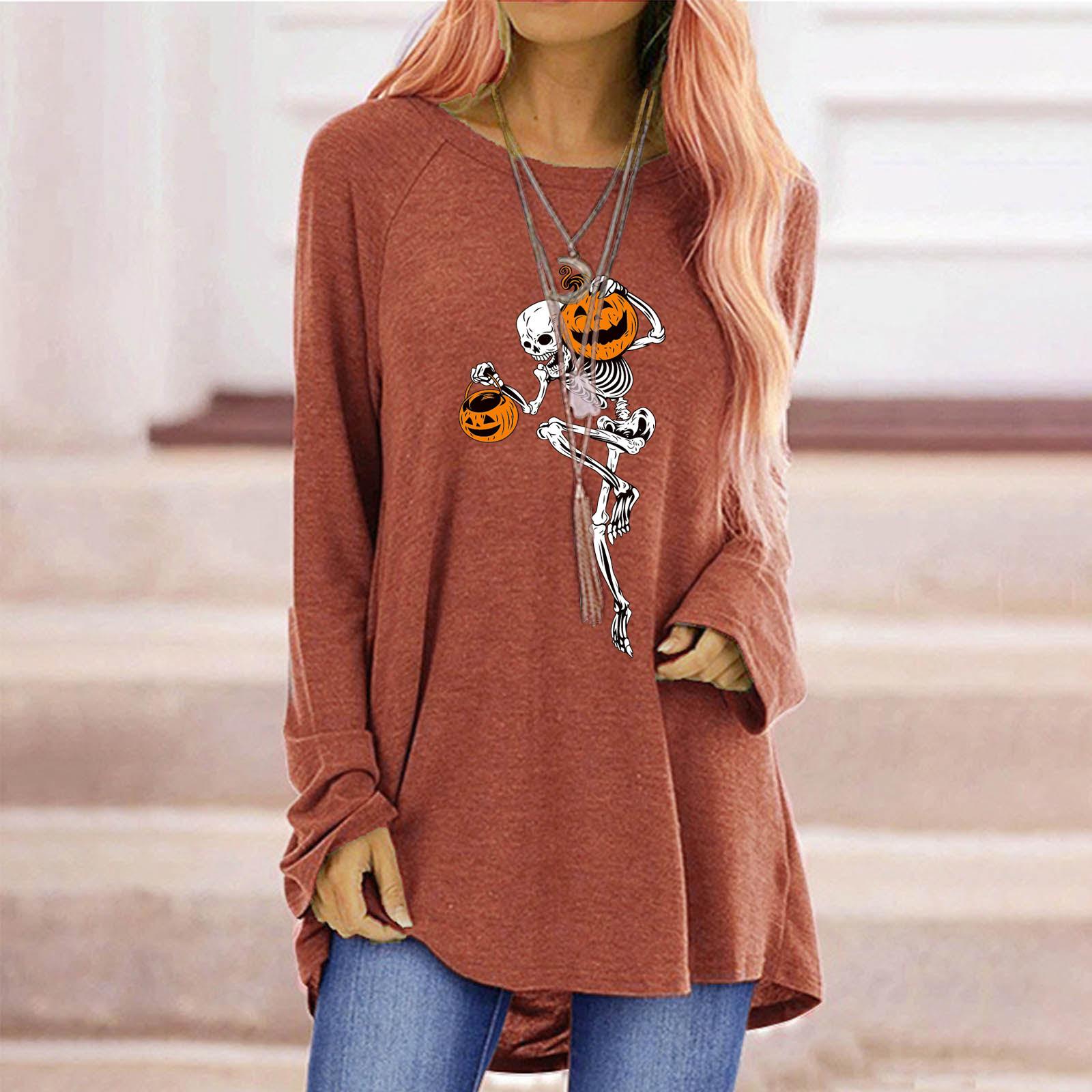

Женская осенняя футболка с черепом и тыквой больших размеров, удобная футболка с длинными рукавами и круглым вырезом, повседневная мешковатая футболка средней длины, топ