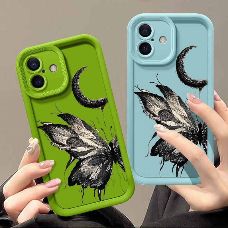 Fashion Moon Butterfly Pattern Case For iPhone 16 Pro Max 15 Plus 14 13 12 Pro 11 TPU Soft Matte Silicone Shockproof Lens Protection Phone Cover