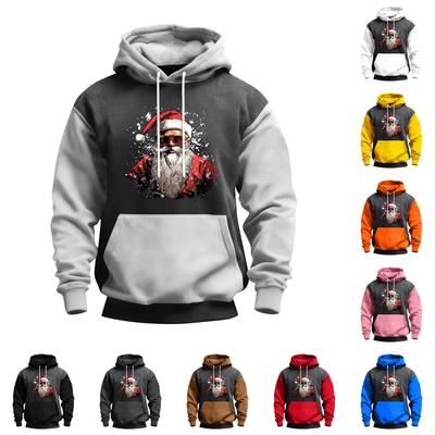 Erkek Noel Baskılı Renk Bloklu Kapüşonlu Günlük Spor Konfor Sweatshirt