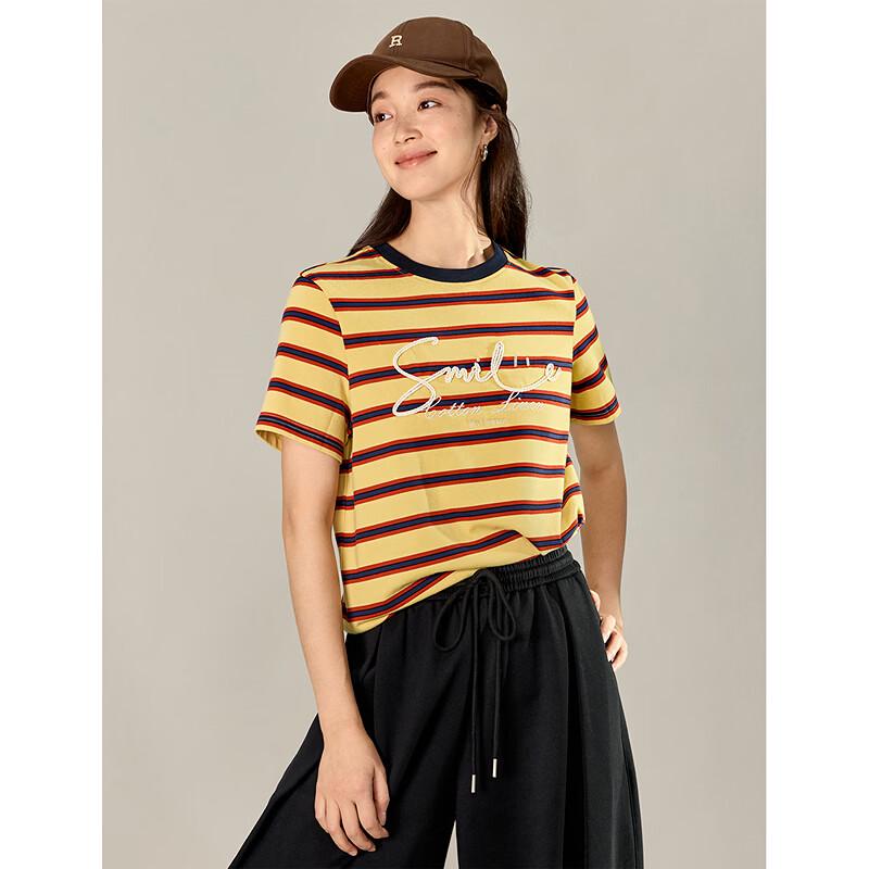 INMAN Women's Embroidered Striped Round Neck T-Shirt