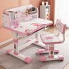 Kids Functional Desk and Chair Set Height Adjustable Children School Study Table Chair Set with Cartoon Pattern Ergonomic Desk Chair (Pink, Blue)