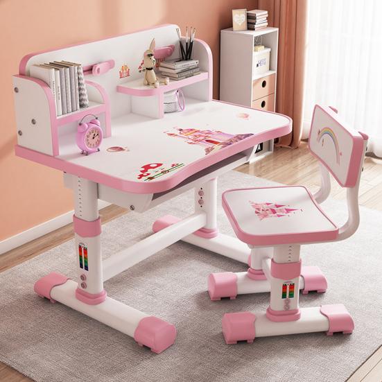 Kids Functional Desk and Chair Set Height Adjustable Children School Study Table Chair Set with Cartoon Pattern Ergonomic Desk Chair (Pink, Blue)