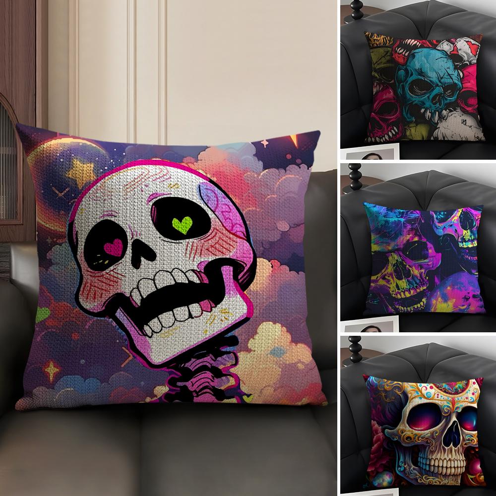 Colorful Skull Cool Cushion Cover Natural Linen Organic Fabric Double-Sided Printing Sofa Home Decor Gift Pillow Case