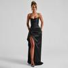 Herbst Socialite Elegantes Schlank geschnittenes Satin-Rüschen-Schlitzkleid