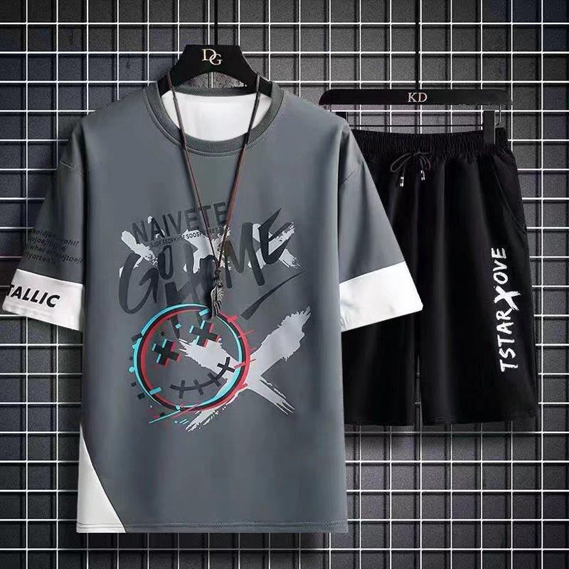 2024 Summer New Fashion Printed Short Sleeve Shorts Sportset Men's Casual Loose Ice Silk Breathable Large Size Two-Piece Set 5XL