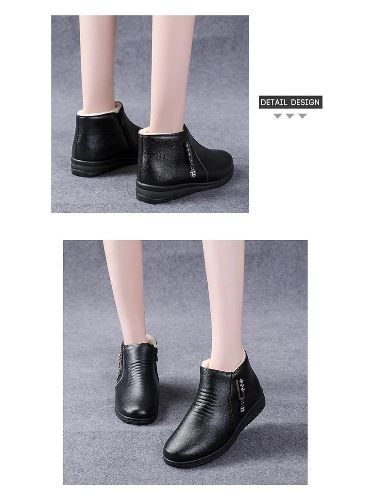 Women's Winter Soft Sole Cotton Boots for Middle-Aged and Elderly - Velvet-Lined, Flat Bottom, Leather Short Boots