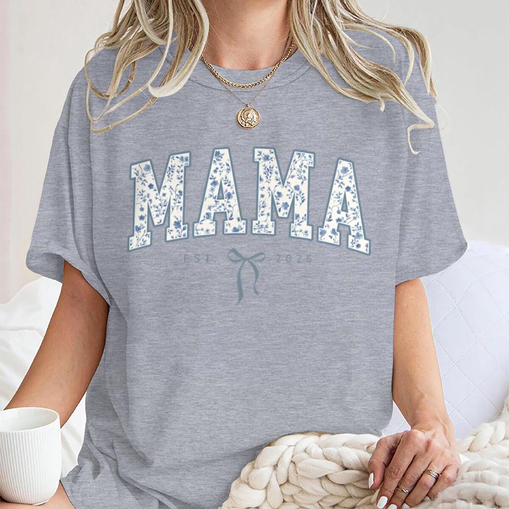 Vintage Floral MAMA EST 2026 TShirt Women Coquette Bow Print Casual Short Sleeve Tee New Fashion Mom Gift