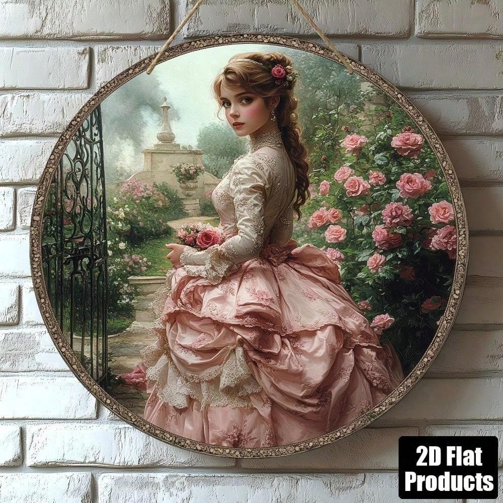 Vintage 2D Plane Round Wood Board Wall Art 8x8, Retro Woman Painting Metal Sign for Home Decor Kitchen Cafe Bar Living Room