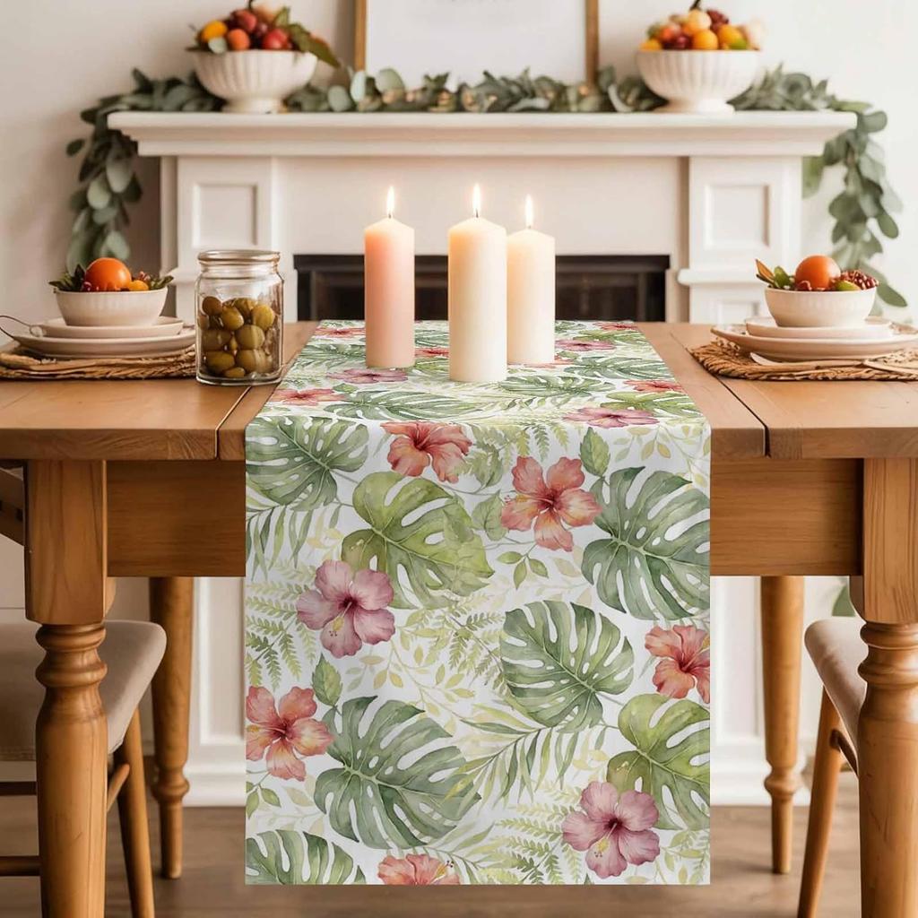 Summer Monstera Leaf Flower Linen Table Runner Holiday Party Decor Reusable Kitchen Dining Table Runner Wedding Decorations