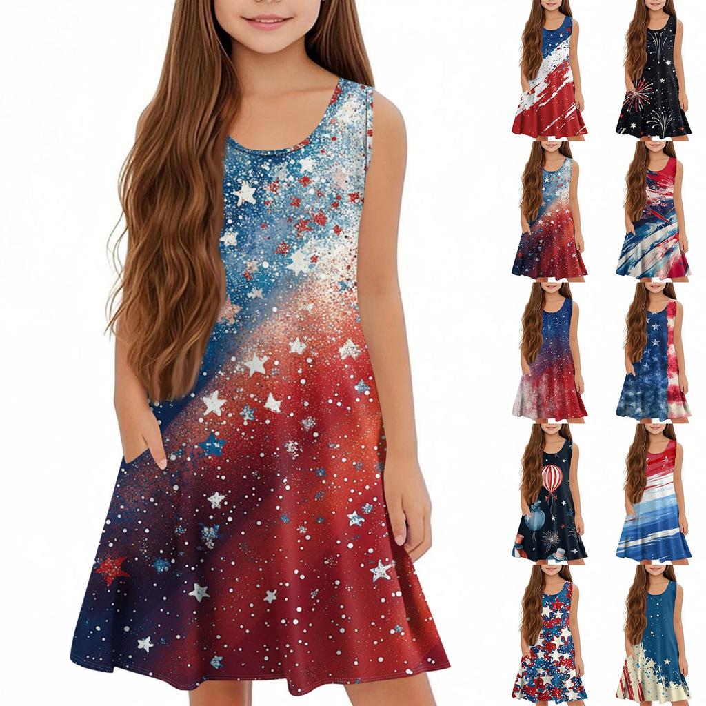 Children's Sleeveless U-neck Summer A-line Casual Independence Day Dress
