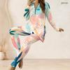 Women Plus Size Beige Blue Orange Printed Two Piece Set Half Zip Long Sleeve Longline Top Fitted Pants