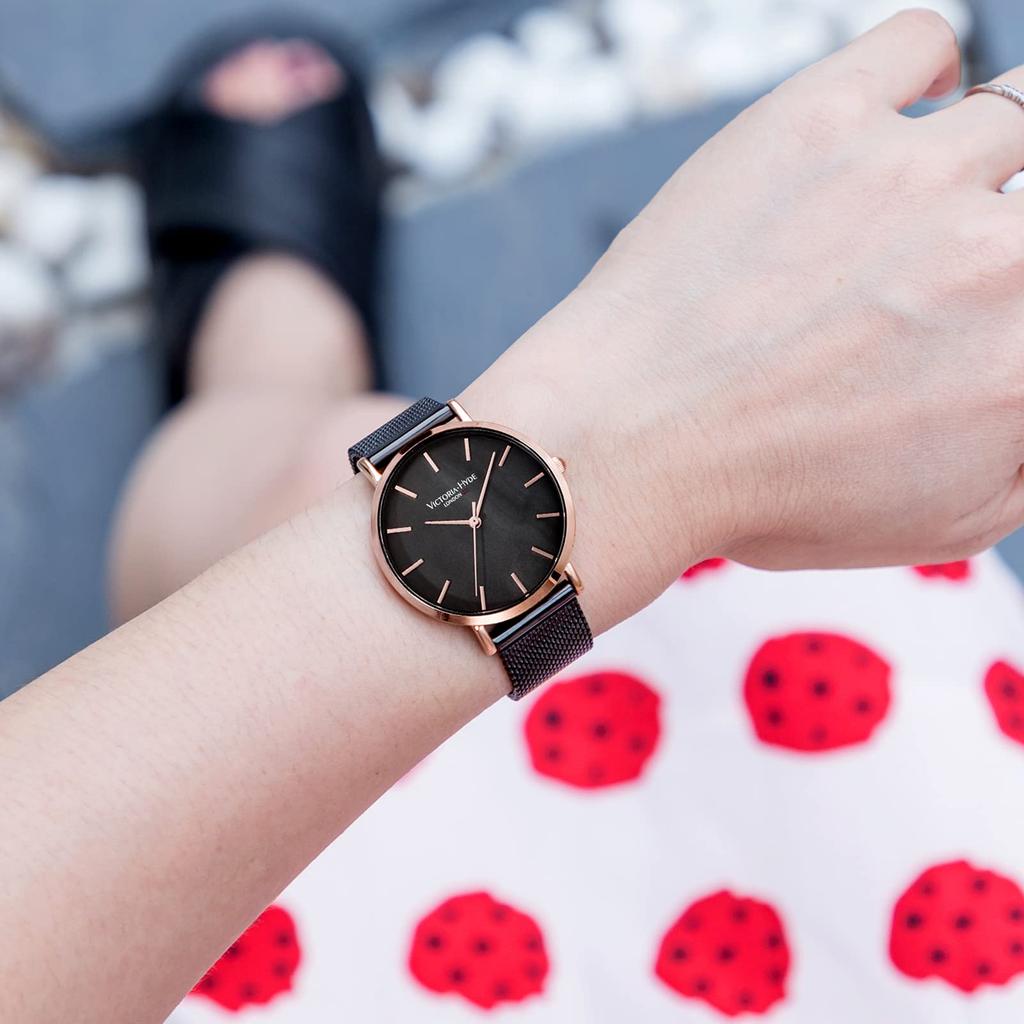 VICTORIA HYDE Watch Bracelet Set Simple Quartz Watch Waterproof Stainless Steel Mesh Band Detachable Fashion Watch Gift Women's Women's (Black)