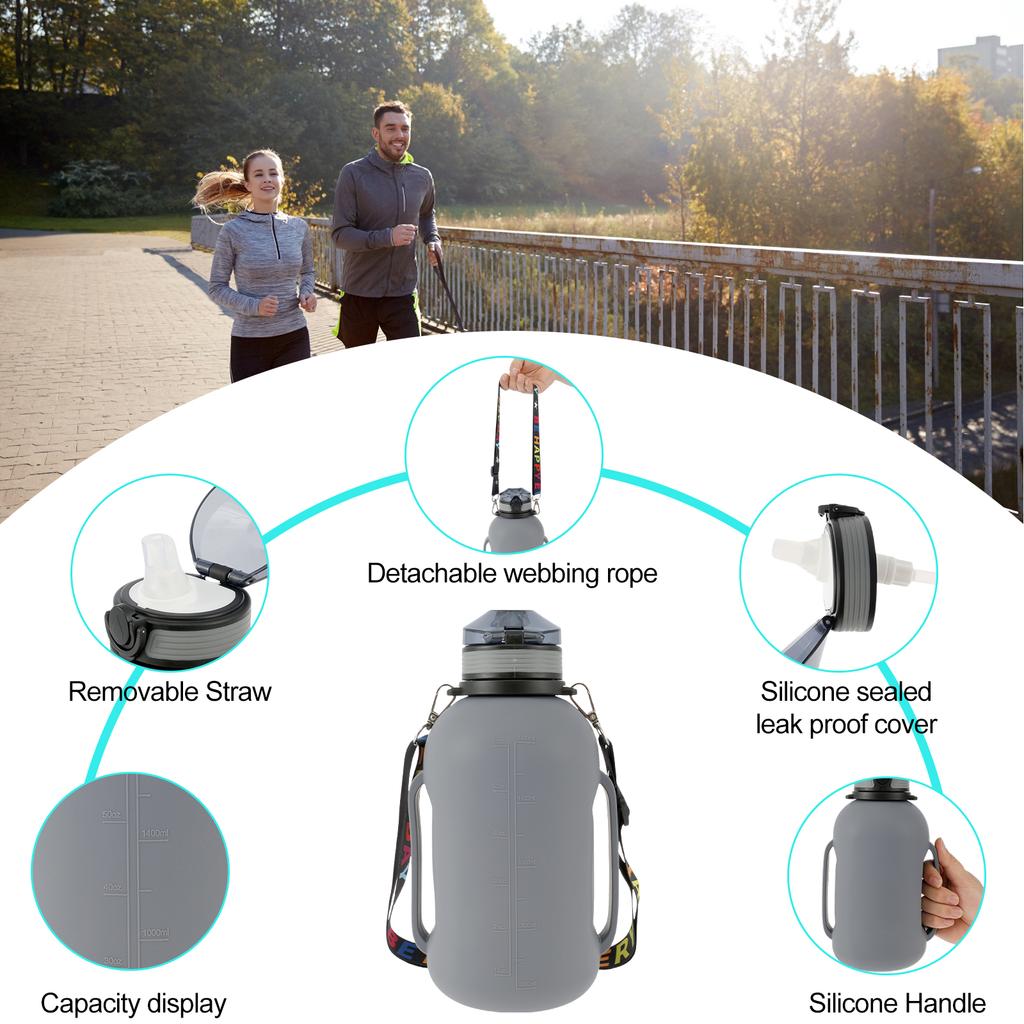 Składana Butelka na Wodę 2L/64oz Sportowa Składana Butelka na Wodę z Paskiem Uchwytem Silikonowa Butelka na Wodę ze Słomką