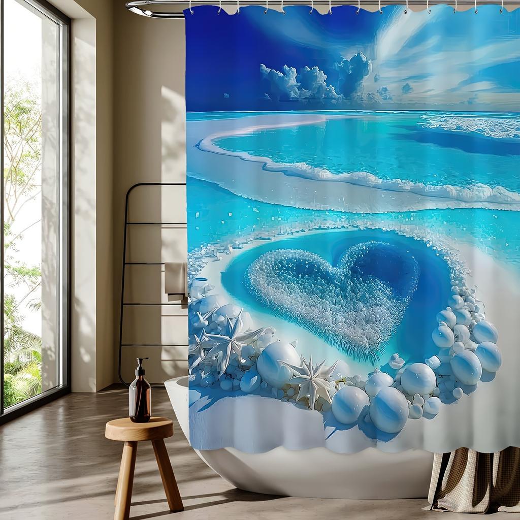 Beach Scenery of Ocean Love Shower Curtain Washable Dirt-Resistant Shower Head Waterproof Polyester Bath Curtain For Home Decor
