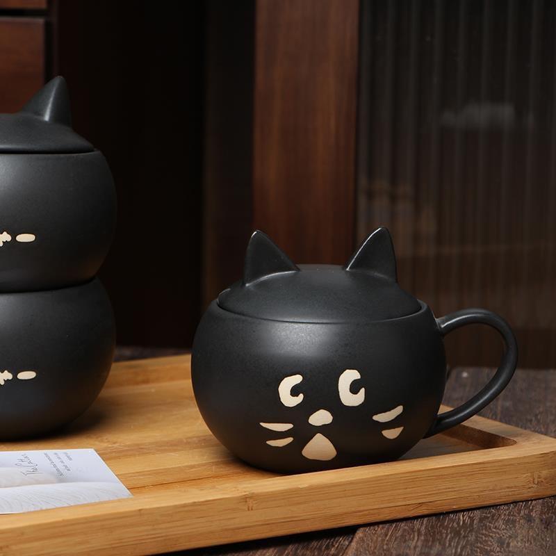 Überraschungskatze schwarz bedeckte Tasse aus Keramik für Zuhause, Paar, Kaffee, Milch, japanisches kreatives Geburtstagsgeschenk