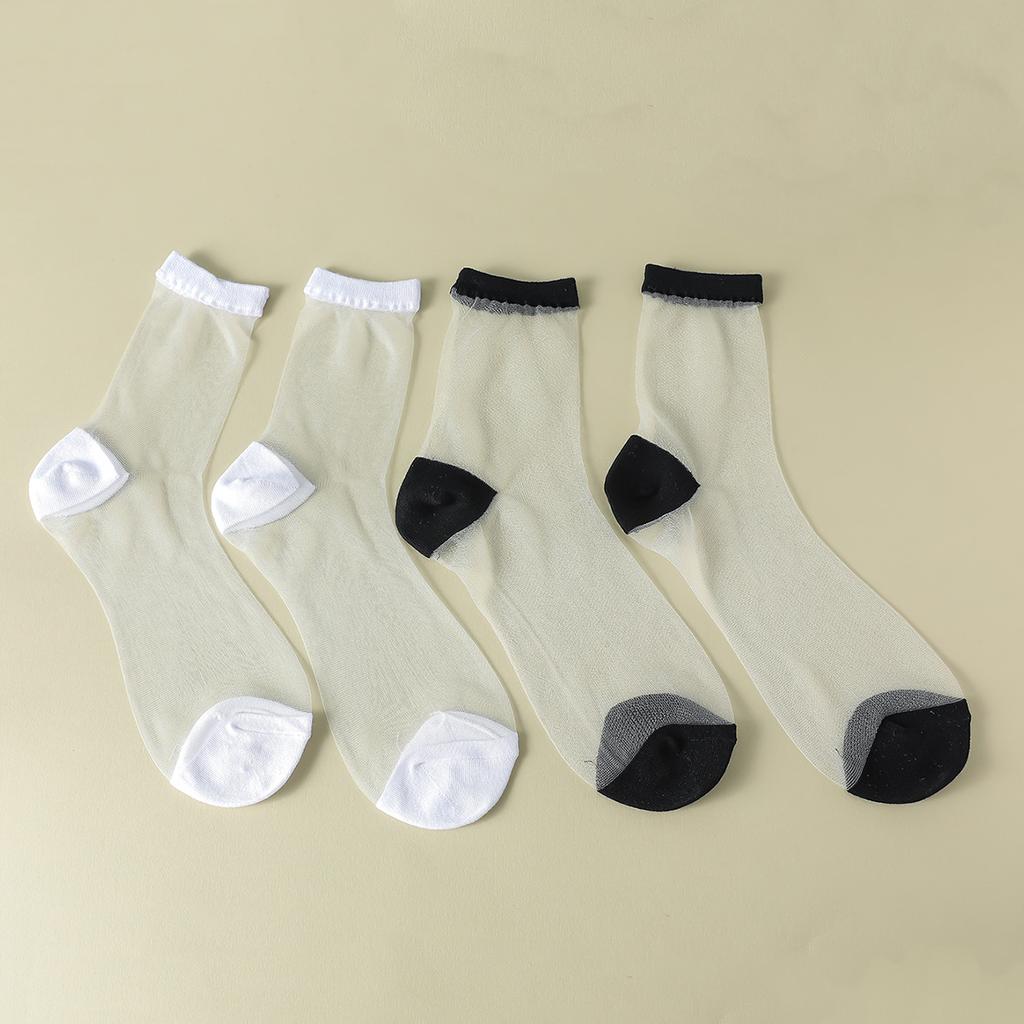 2 Pairs Women Heart Stripe Polka Dots Pattern Sheer Silk Socks Spring Summer Breathable Thin Transparent Crew Socks