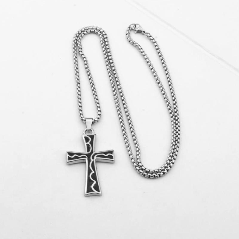Trendy Punk Wave Pattern Drip Oil Cross Necklace - Stainless Steel Pendant Chain for European and American Fashion
