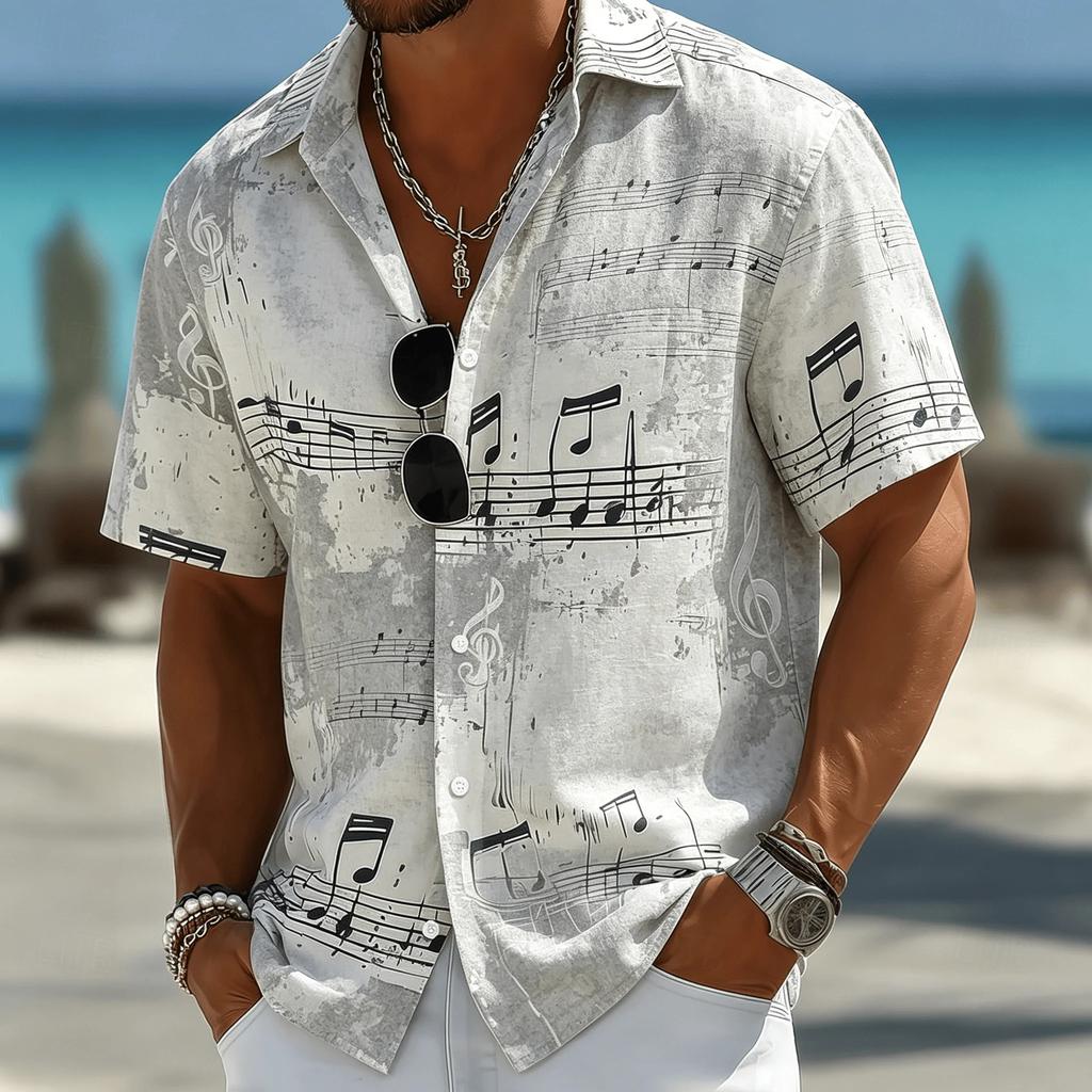 Music Note Print Short-Sleeve Shirt, Stylish Metallic Casual Men's Shirt