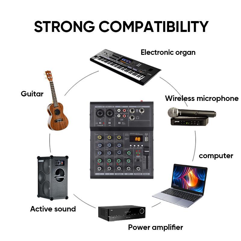 Professional 4-Channel Bluetooth Mixer with 48V Power and Reverb for Home Recording and Performances