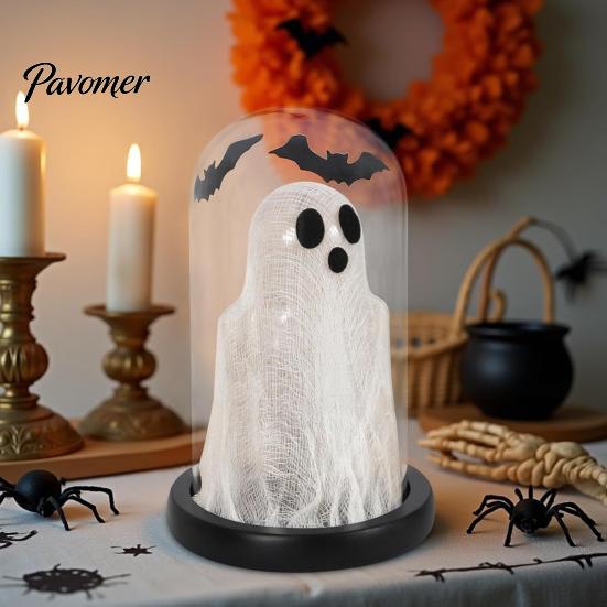Battery Operated LED Table Lamp Halloween Light Up Ghost in Dome Cloche, Cute Night Spooky Indoor Home Decor with Bats for Kitchen Mantel Tabletop
