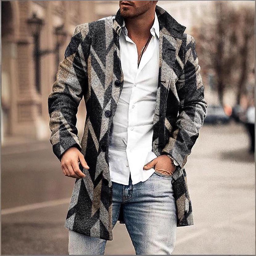 Men's Woolen Mid-Length Digital Print Coat - Autumn/Winter Collection