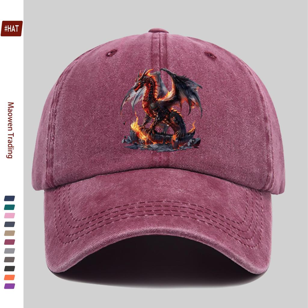 Pc Baseball Cap with Red Dragon Standing On Flaming Rock Pattern Print Fashionable Casual Fire Dragon Print Design Golf Cap H