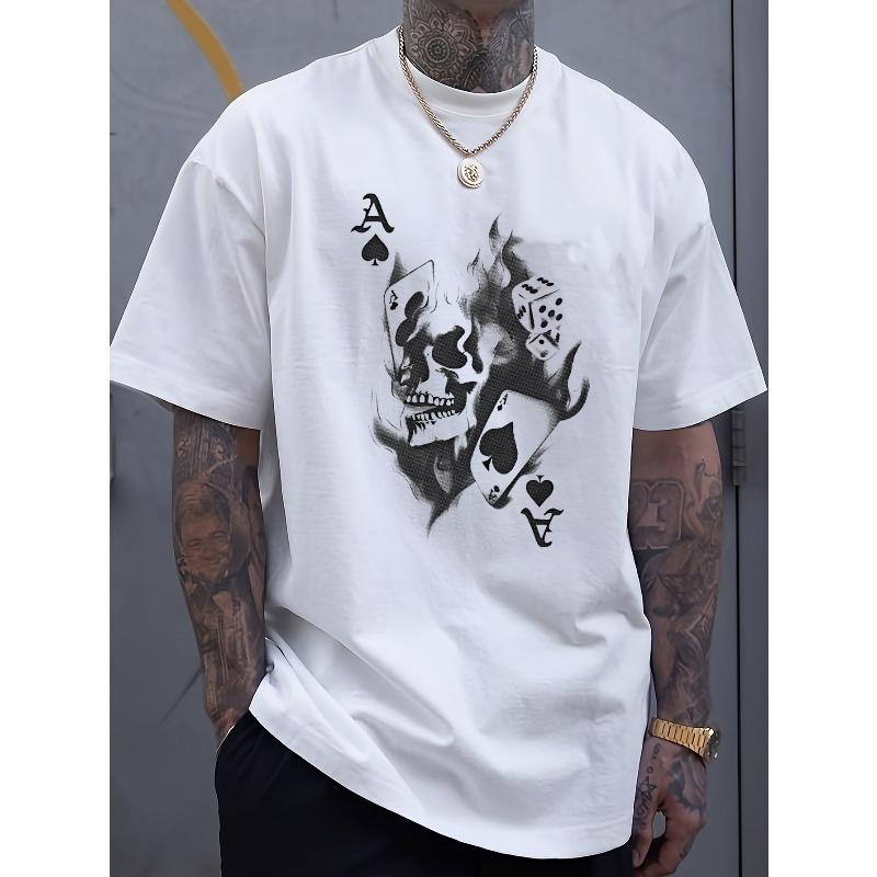 European sizes Skeleton Poker Print Tee Shirt, Tees for Men, Casual Short Sleeve T-shirt for Summer