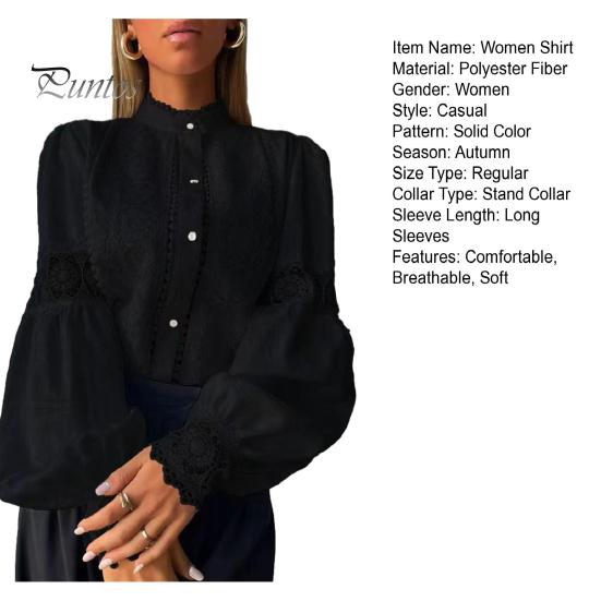 Stehkragen Bluse Damen Stickerei Spitze Hemd, Herbst Laternenärmel Bluse, Hemden Normale Passform Einfarbige Knopfleiste Lässig Formell Oberteil Polyester