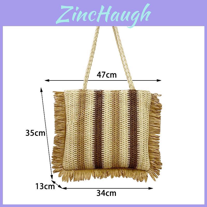 Summer Woven Straw Tote With Tassel Design And Inner Pocket For Beach And Vacation