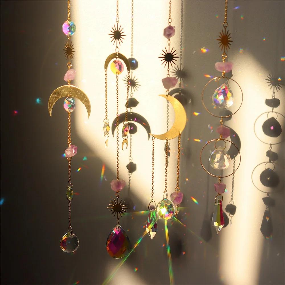 Crystal Wind Chime Star Moon Sun Catchers Windchimes Plated Colorful Beads Hanging Drop for Outdoor Indoor Garden Decor Craft