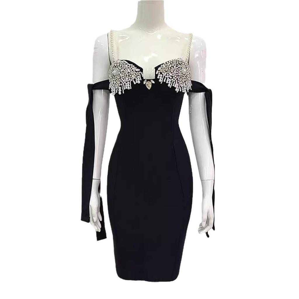 2024 New Elegant Black Beaded Spaghetti Strap Formal Bandage Dress for Women