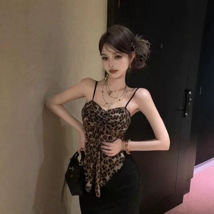 American leopard print sling vest women's summer wear design sense niche hot girl sexy sleeveless pure desire to show thin top