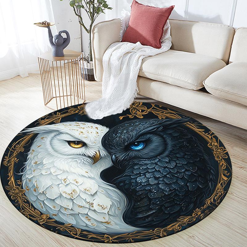 Yin Yang Owl Round Area Rug,Carpet Rug for Living Room Bedroom Sofa Playroom Decor,Non-slip Floor Mat