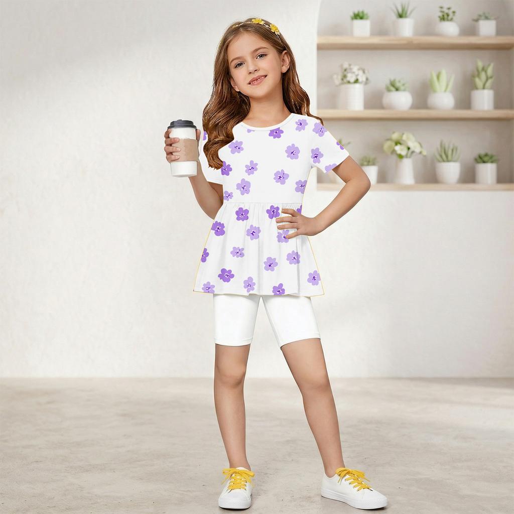 Girls Summer Outfit Short Sleeve Peplum Top with Ruffle Hem and Matching Shorts Set Lightweight Soft Fabric Casual Wear