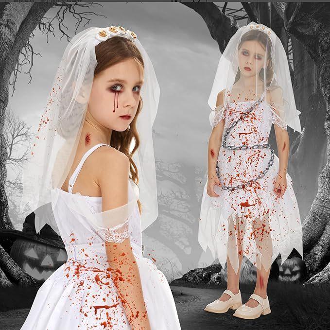 Costume Strega Fantasma Sposa di Halloween per Bambine con Pizzo Rete e Stampa per Festa Bambini