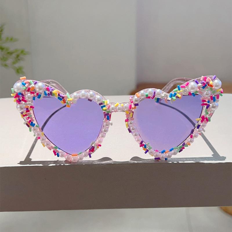 Heart Shape Sunglasses with Pearls and Sprinkles Fashion Cute Multi-color Decor Shades New Trendy Original Sun Glasses