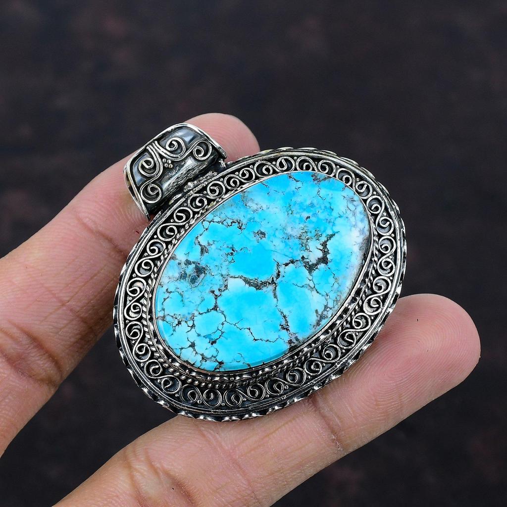 Tybetański Turkusowy Wisiorek z Kamieniem Szlachetnym Ręcznie Robiona Biżuteria Wisiorek ze Srebra Próby 925 Wisiorki w Stylu Vintage Biżuteria z Tybetańskim Turkusem Prezent na Rocznicę