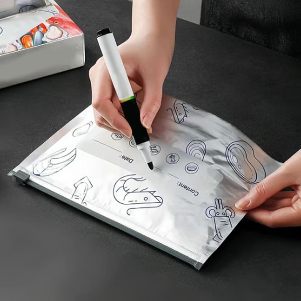 Wiederverwendbare Gefrierbeutel mit Aluminiumfolienauskleidung und wiederverschließbaren Zipplaschen zur Aufbewahrung von Lebensmitteln, Gemüse, Fleisch und Snacks.