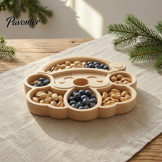 Solid Wood Fruit Bowls Wooden Christmas Divided Tray, Gingerbread Man Santa Xmas Tree Compartment Snack Rustic Kitchen Table Decor Platter,